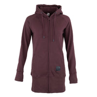 A women's full-zip hooded sweatshirt in a deep plum or burgundy shade, displayed on a clean white background.