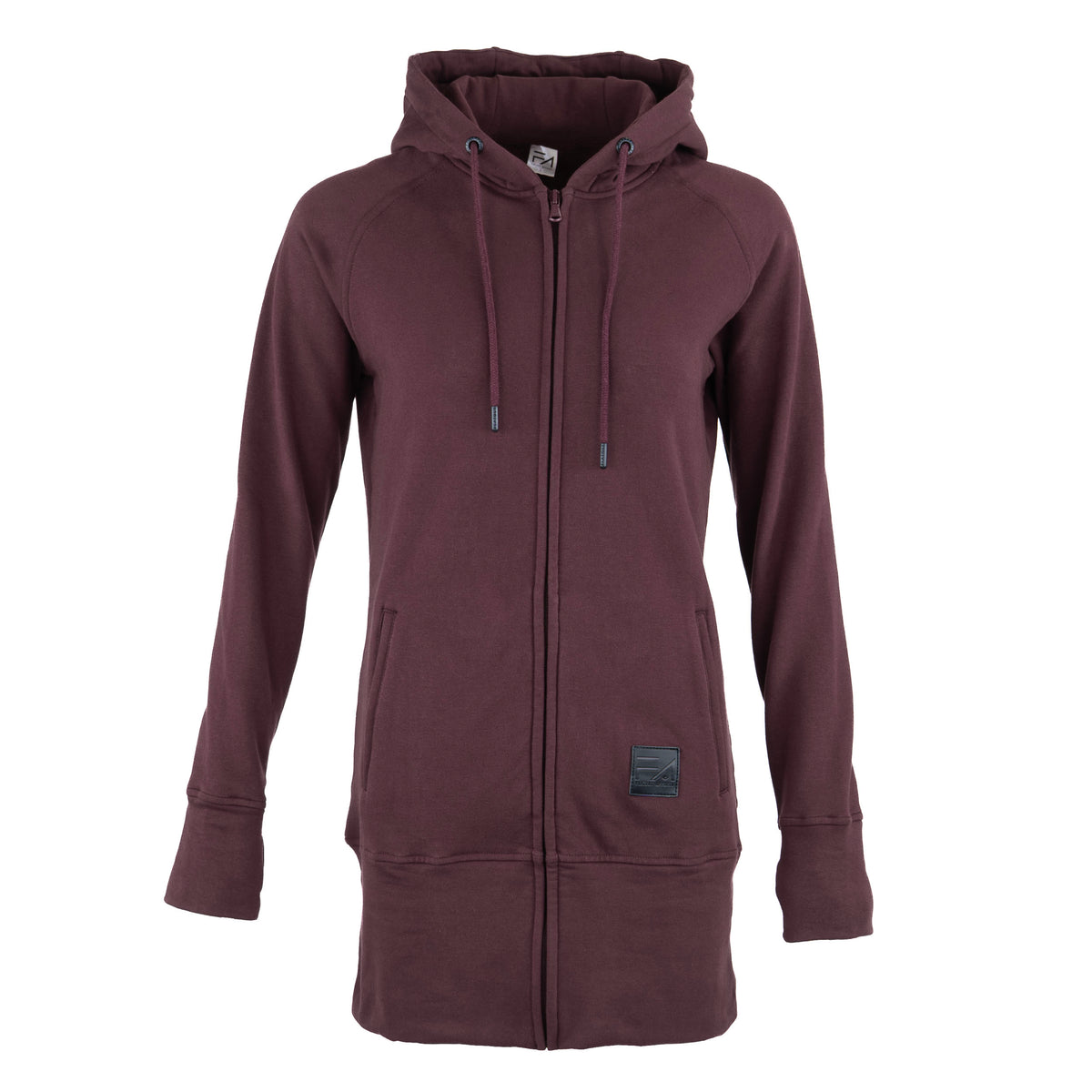 A women's full-zip hooded sweatshirt in a deep plum or burgundy shade, displayed on a clean white background.