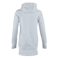 A light gray heathered pullover hoodie shown from the back, featuring a high ribbed collar, long sleeves with ribbed cuffs, and a ribbed hem, displayed on a solid white background.