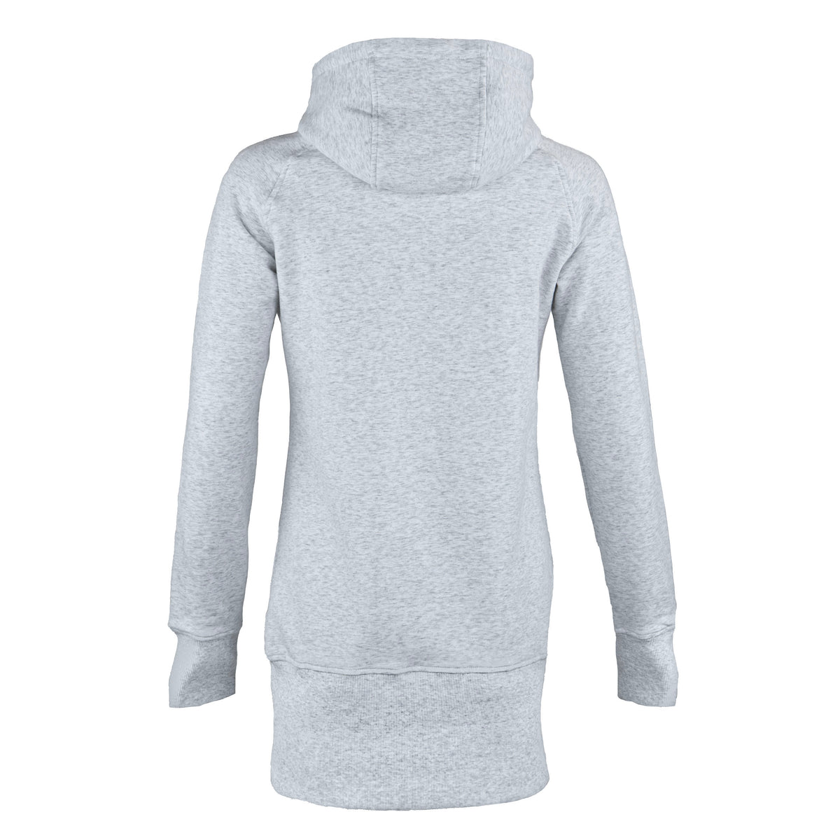 A light gray heathered pullover hoodie shown from the back, featuring a high ribbed collar, long sleeves with ribbed cuffs, and a ribbed hem, displayed on a solid white background.