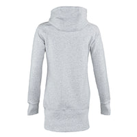 A light gray heathered hooded sweatshirt shown from the back, featuring a high ribbed collar, long sleeves with ribbed cuffs, and a ribbed hem, displayed on a clean white background.