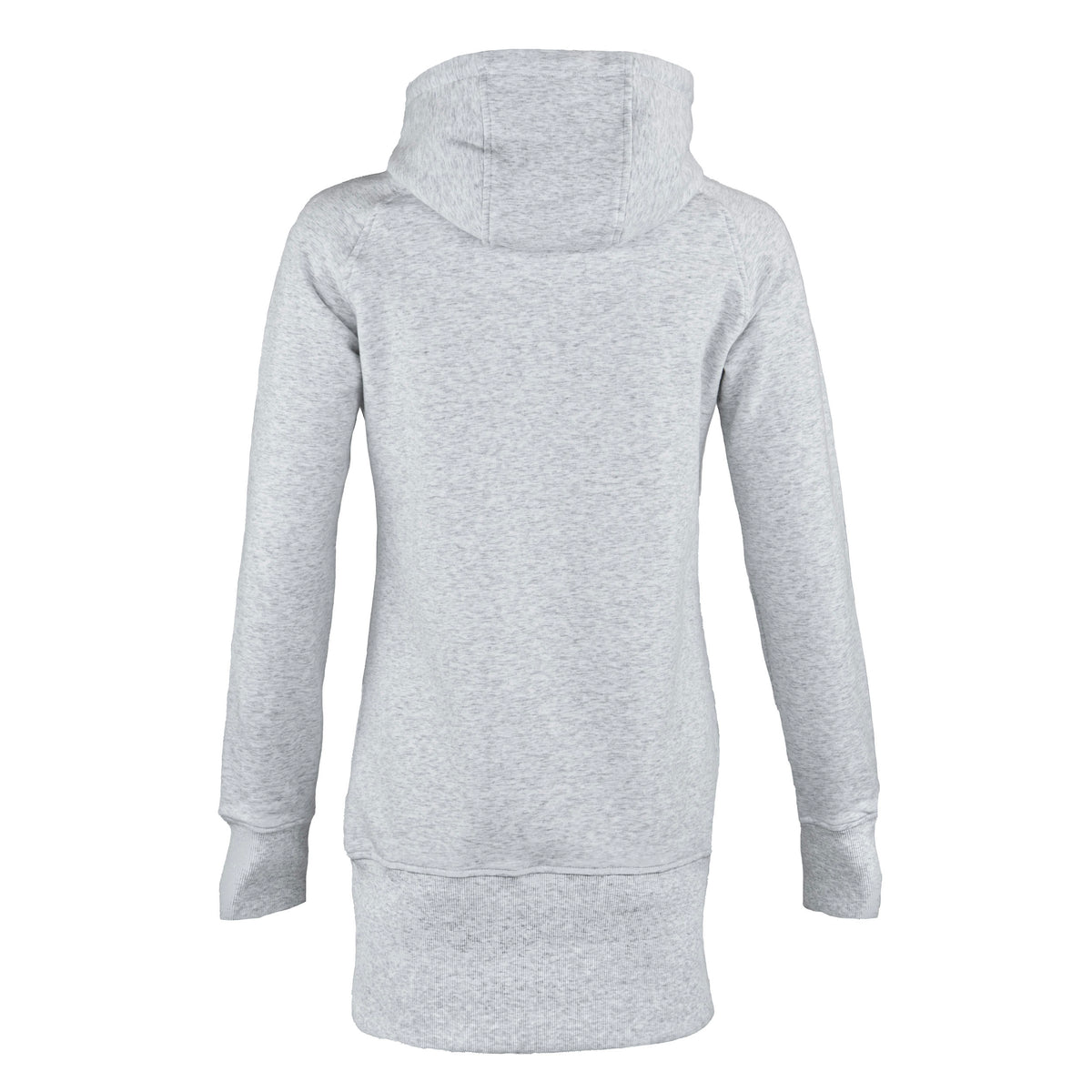 A light gray heathered hooded sweatshirt shown from the back, featuring a high ribbed collar, long sleeves with ribbed cuffs, and a ribbed hem, displayed on a clean white background.