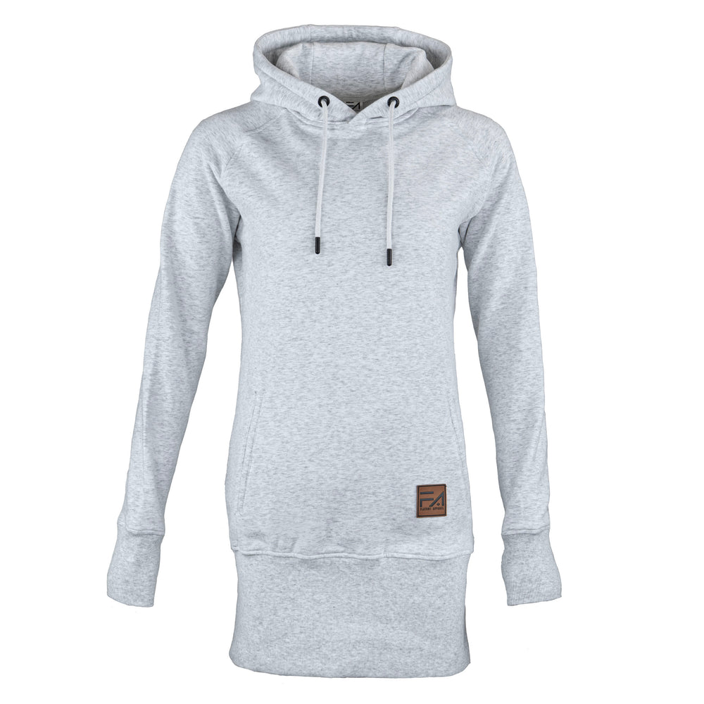 A light gray heather pullover hoodie with white drawstrings and a small brown square patch on the lower front, displayed on a clean white background.