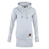 A light gray heather pullover hoodie with white drawstrings and a small brown square patch on the lower front, displayed on a clean white background.