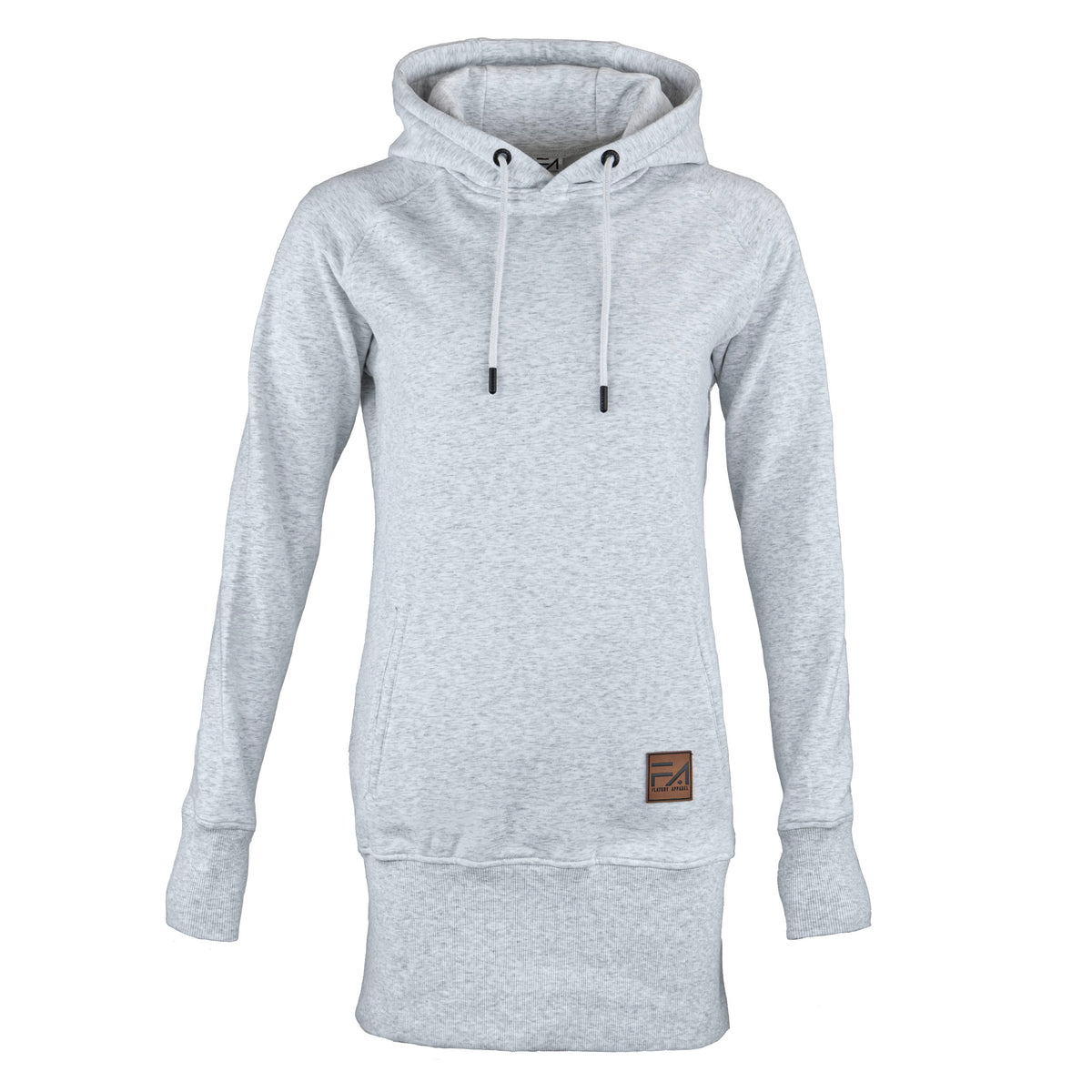 A light gray heather pullover hoodie with white drawstrings and a small brown square patch on the lower front, displayed on a clean white background.