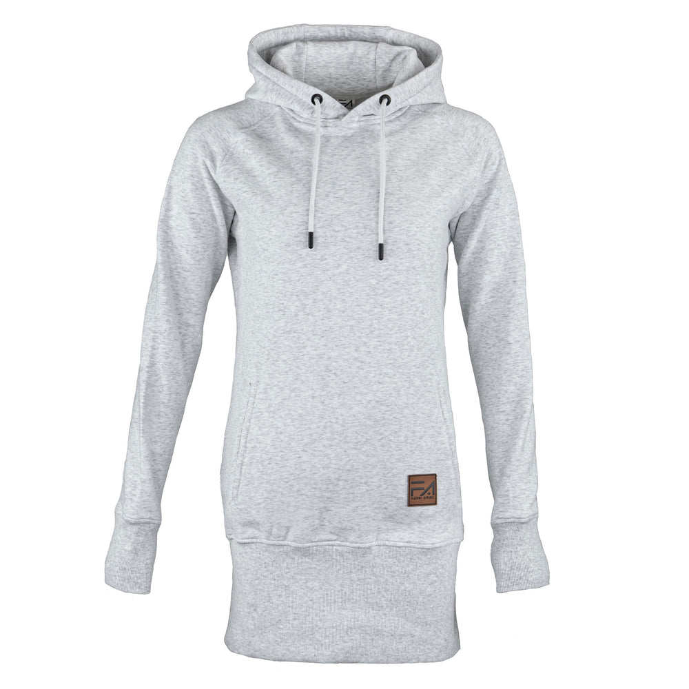 A light gray heather pullover hoodie with white drawstrings and a small brown square patch on the lower front, displayed on a clean white background.