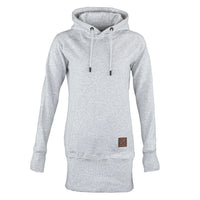 A light gray heather pullover hoodie with white drawstrings and a small brown square patch on the lower front, displayed on a clean white background.