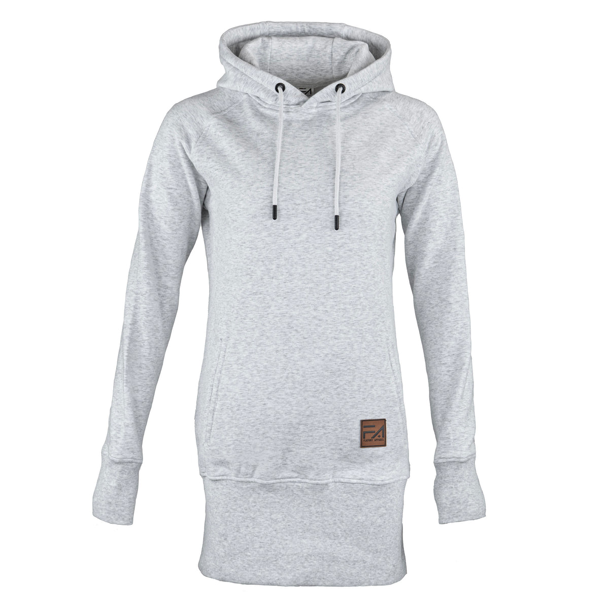 A light gray heather pullover hoodie with white drawstrings and a small brown square patch on the lower front, displayed on a clean white background.
